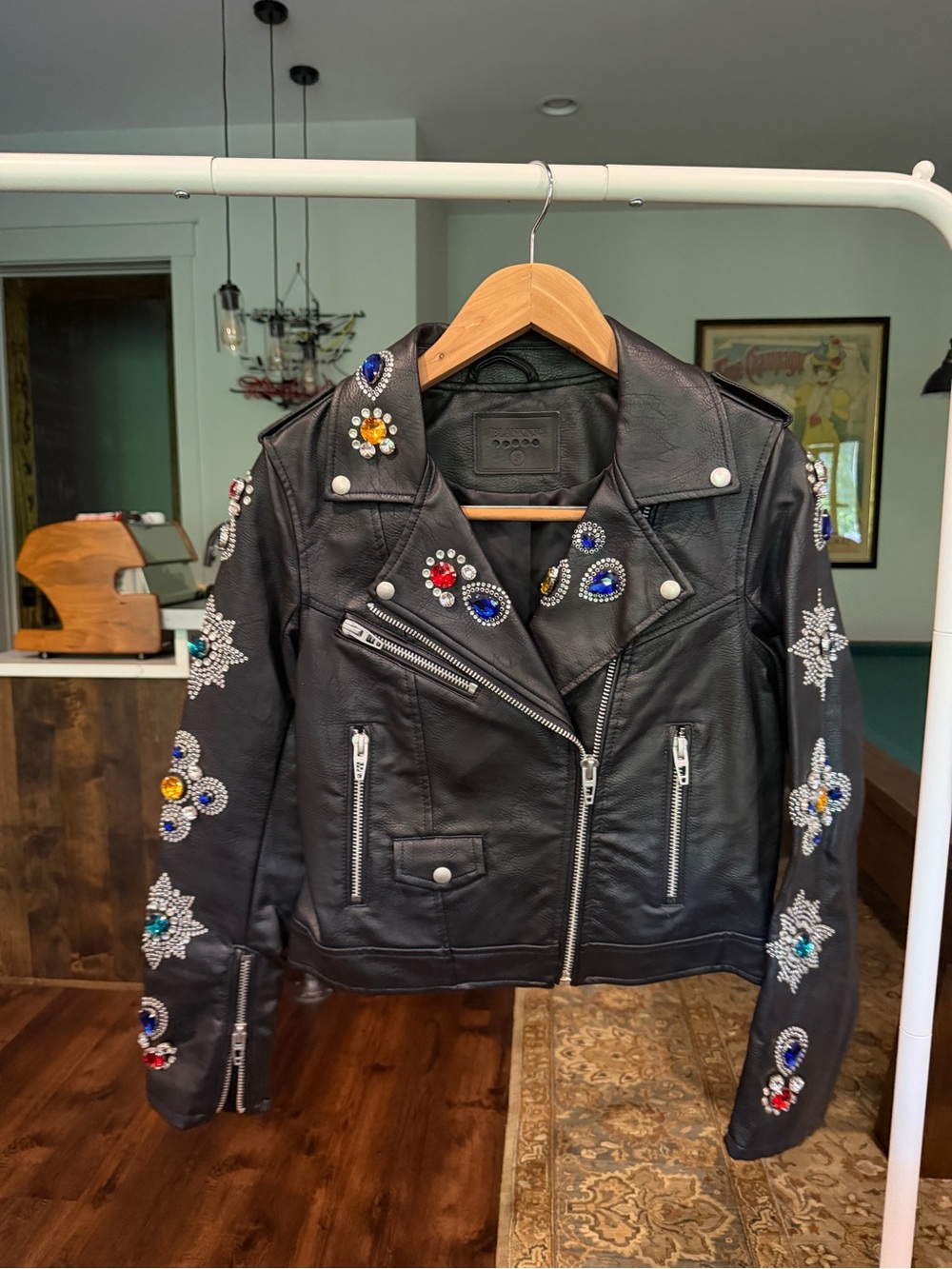Black Embellished Faux Leather Moto Jacket - Women's